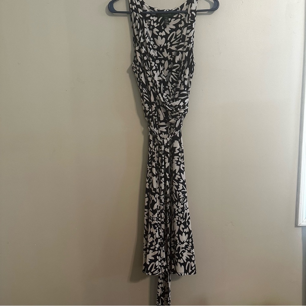 Lauren Ralph Lauren RLR Navy Blue White Wrap Dress Sz 14 EUC Knee Length Floral